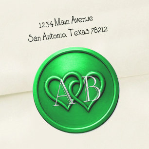 Twee vergulde harten groene monogram trouw ronde sticker