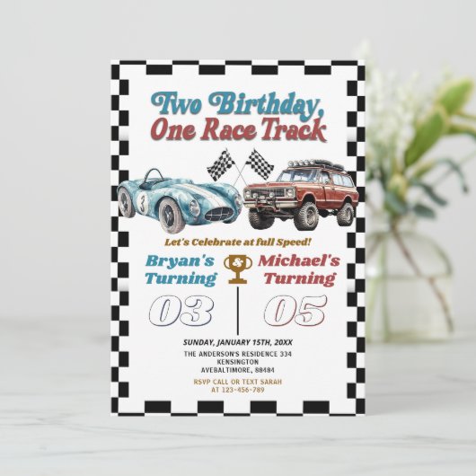 Twee Verjaardag Een Race Track Dubbele Auto's Verj Kaart (Staand voorkant)
