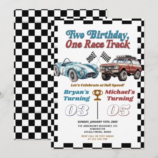 Twee Verjaardag Een Race Track Dubbele Auto's Verj Kaart (Voorkant / Achterkant)