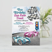 Twee Verjaardagen Een Race Track Race Auto Doe mee Kaart (Staand voorkant)