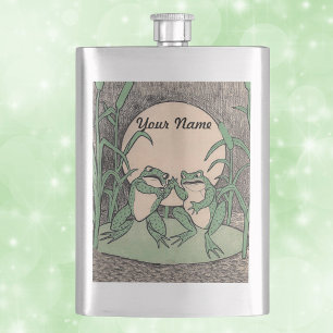 Twee Vintage Grappige Liefde Groene Kikkers Maan Heupfles