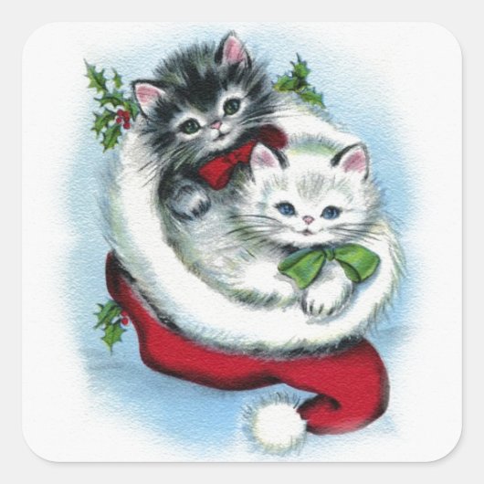 Twee vintage kerst kittens vierkante sticker (Voorkant)