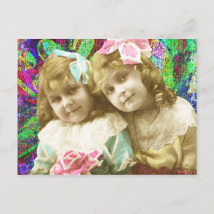 Twee Vintage Kleine Meisjes Digitale Kunst Briefkaart