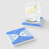 Twee Vissen Blauw Wit Abstract Patroon Stenen Onderzetter (Zijkant)