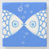 Twee Vissen Blauw Wit Abstract Patroon Stenen Onderzetter (Voorkant)
