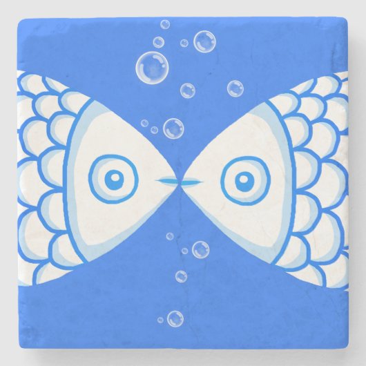 Twee Vissen Blauw Wit Abstract Patroon Stenen Onderzetter (Voorkant)