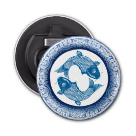 Twee Vissen Koi Karper Chinoiserie Blauw Patroon Button Flesopener