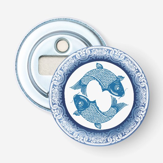 Twee Vissen Koi Karper Chinoiserie Blauw Patroon Button Flesopener (Voorkant)
