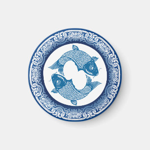 Twee Vissen Koi Karper Chinoiserie Blauw Patroon Magneet