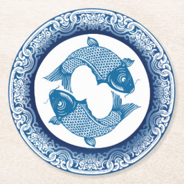 Twee Vissen Koi Karper Chinoiserie Blauw Patroon Ronde Kartonnen Onderzetter