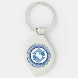 Twee Vissen Koi Karper Chinoiserie Blauw Patroon Sleutelhanger