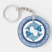 Twee Vissen Koi Karper Chinoiserie Blauw Patroon Sleutelhanger (Voorkant)