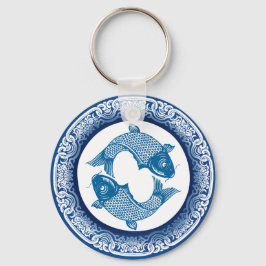 Twee Vissen Koi Karper Chinoiserie Blauw Patroon Sleutelhanger