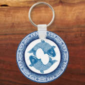 Twee Vissen Koi Karper Chinoiserie Blauw Patroon Sleutelhanger (Voorkant)
