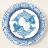 Twee Vissen Koi Karper Chinoiserie Blauw Patroon Zandsteen Onderzetter (Voorkant)