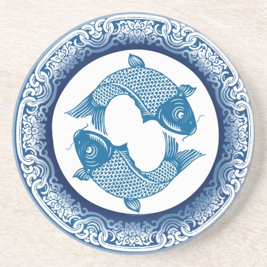 Twee Vissen Koi Karper Chinoiserie Blauw Patroon Zandsteen Onderzetter (Voorkant)