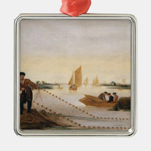 Twee vissers die in hun binnenwateren vissen metalen ornament