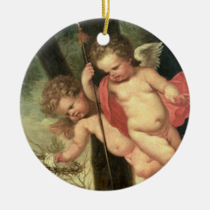 Twee vliegende Cherubs, die de kroon van Thorns va Keramisch Ornament