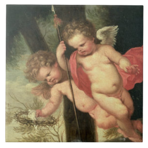 Twee vliegende Cherubs, die de kroon van Thorns va Tegeltje