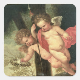 Twee vliegende Cherubs, die de kroon van Thorns va Vierkante Sticker
