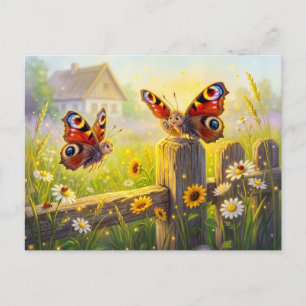 Twee vlinders op tuinhek in de zomer briefkaart