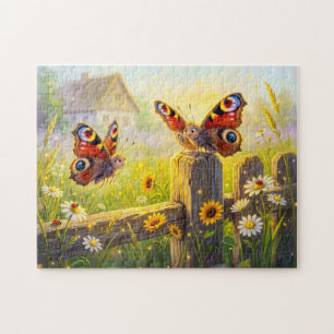 Twee vlinders op tuinhek in de zomer legpuzzel