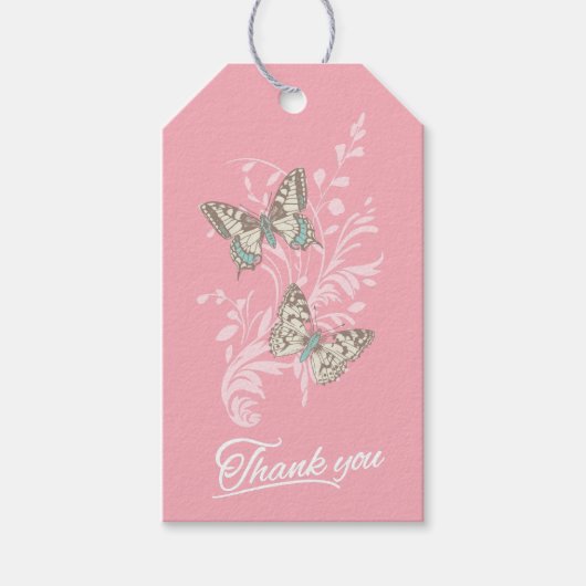 Twee vlinders tekening roze dank u cadeau label cadeaulabel (Voorkant)