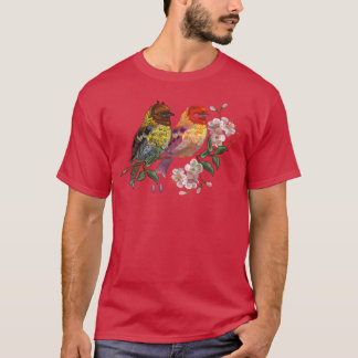Twee Vogel Bloeiende Kersen Borduurwerk familie re T-shirt