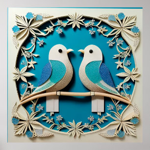🌸 Twee vogels bloemstuk wanddecoratie cadeau idee Poster