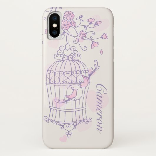 Twee vogels en kooiroze en paarse naam Case-Mate iPhone case (Achterkant)