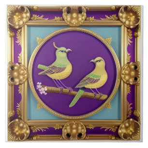 Twee vogels in een rijkelijk versierde gouden lijs tegeltje