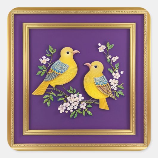 Twee Vogels in Goud Lijst Vierkante Sticker (Voorkant)