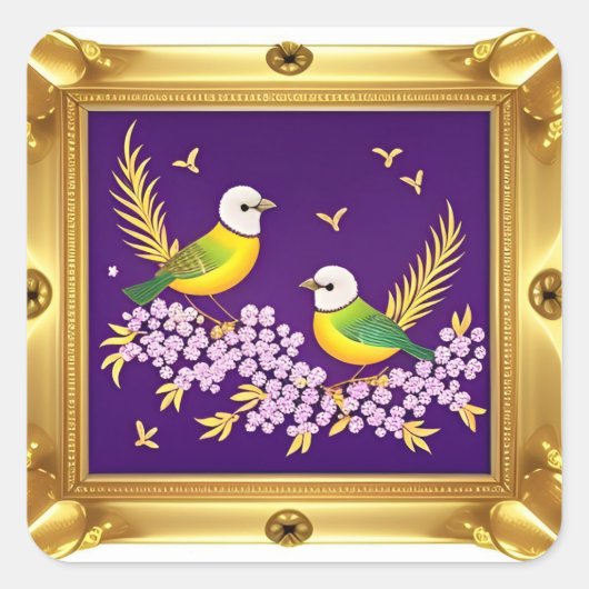 Twee Vogels in  Goud Lijst Vierkante Sticker (Voorkant)