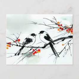 Twee vogels neergestreken op een vertakking inkt k briefkaart