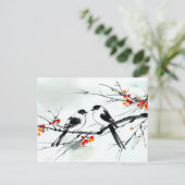 Twee vogels neergestreken op een vertakking inkt k briefkaart (Staand voorkant)