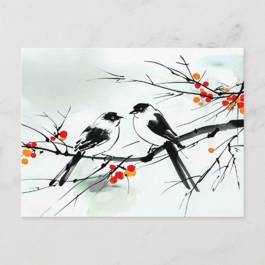 Twee vogels neergestreken op een vertakking inkt k briefkaart (Voorkant)