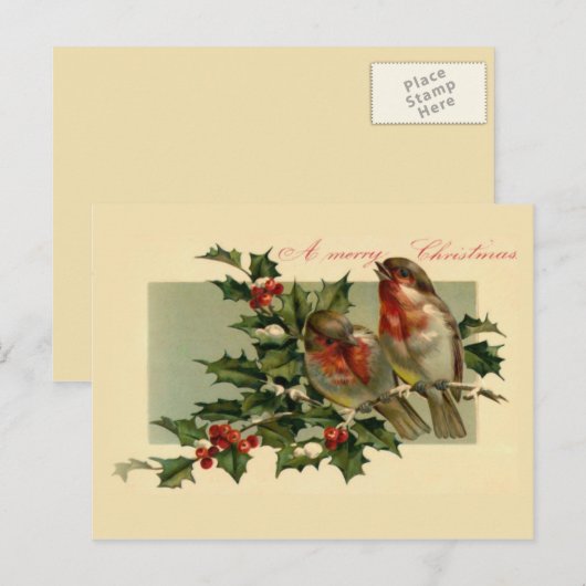 Twee vogels op een Holly tak Feestdagenkaart (Voorkant / Achterkant)