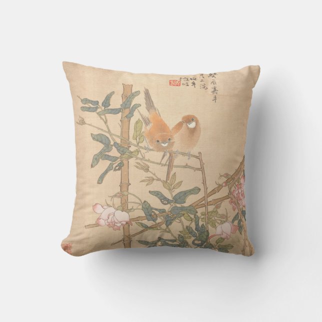 Twee vogels op Roos Bamboo Trellis Oriental Art Kussen (Voorkant)