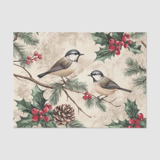 Twee vogels op takken met hulstbessen tissuepapier (Voorkant)