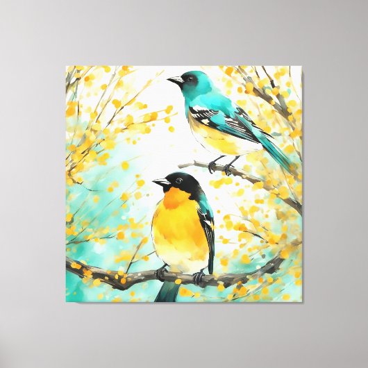 Twee vogels zittend op boomtak canvas afdruk (Voorkant)