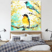 Twee vogels zittend op boomtak canvas afdruk (Insitu (Slaapkamer))
