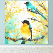Twee vogels zittend op boomtak canvas afdruk (Insitu (Houten vloer))