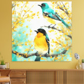 Twee vogels zittend op boomtak canvas afdruk (Insitu (Woonkamer))