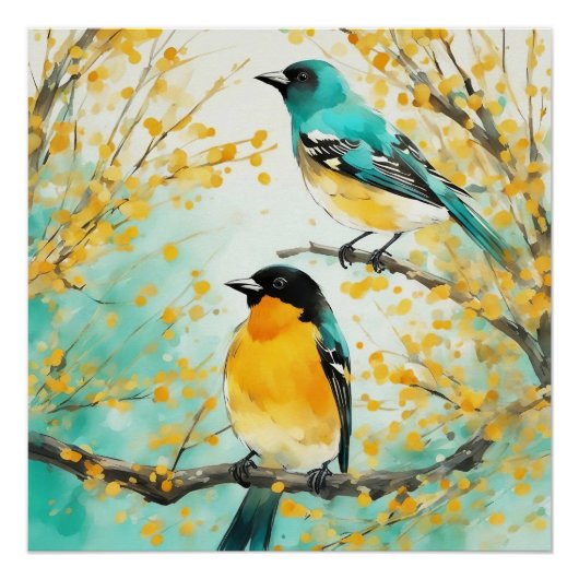 Twee vogels zittend op boomtak perfect poster (Voorkant)