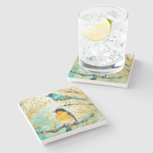 Twee vogels zittend op boomtak stenen onderzetter (Zijkant)