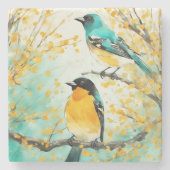 Twee vogels zittend op boomtak stenen onderzetter (Voorkant)