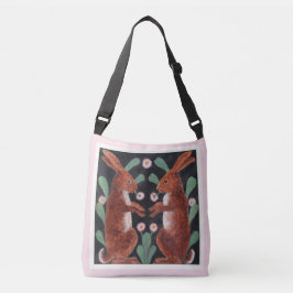 Twee volks kunst hazen in een tuin crossbody tas