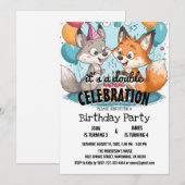 Twee vossen en ballonnen dubbel verjaardagsfeest i kaart (Voorkant / Achterkant)