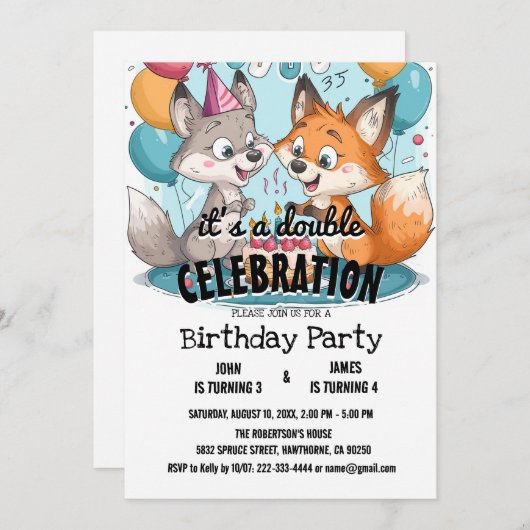Twee vossen en ballonnen dubbel verjaardagsfeest i kaart (Voorkant / Achterkant)