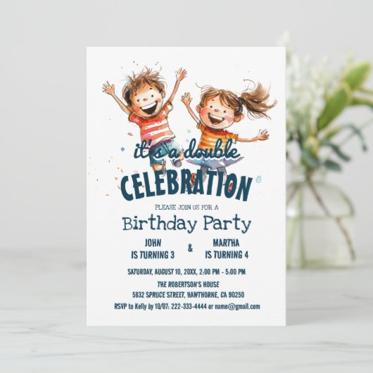 Twee vrolijke Kinder dubbele verjaardagsfeestje Kaart (Staand voorkant)